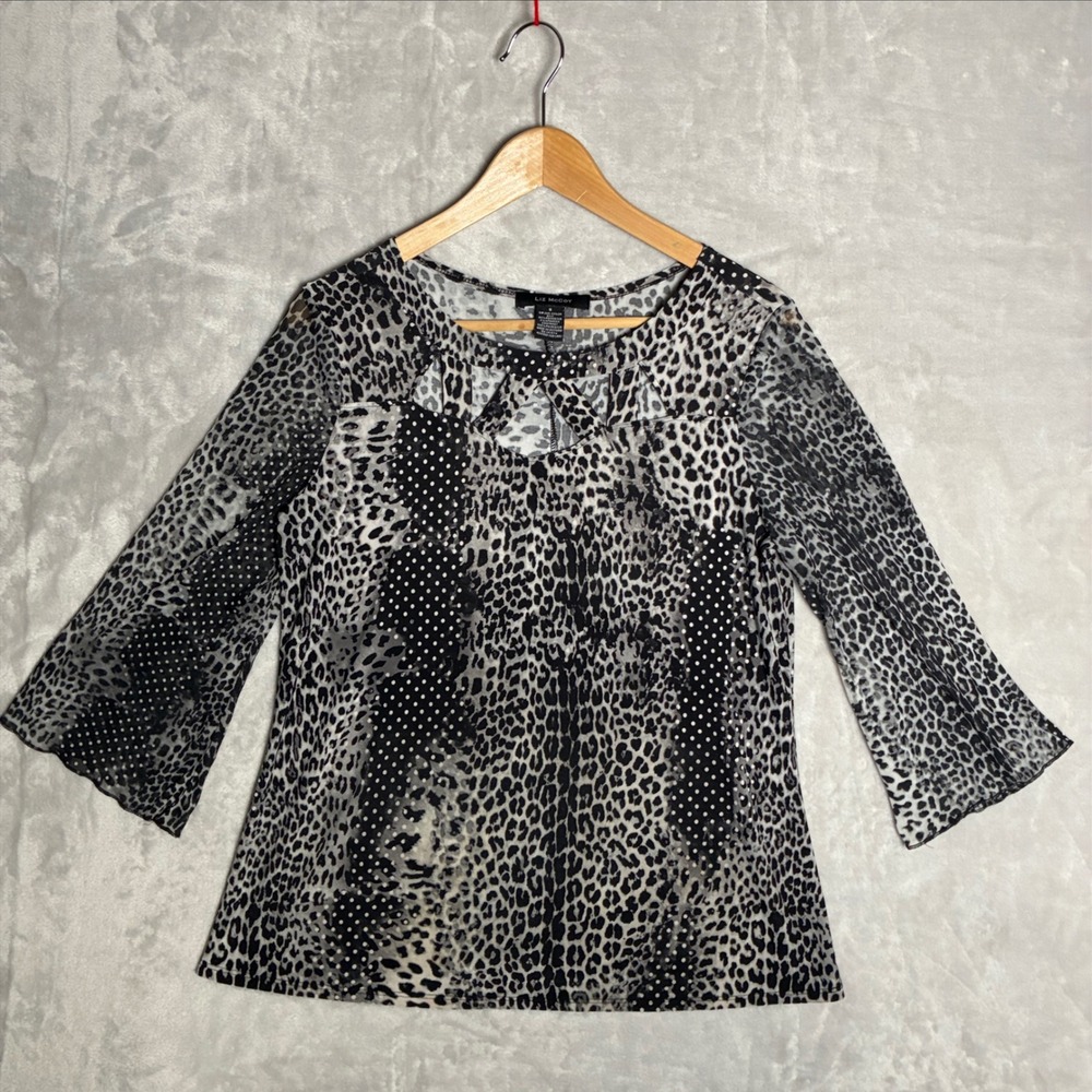 Liz McCoy Leopard Animal Print 3/4 sleeve Top Blouse Black White Womens Small